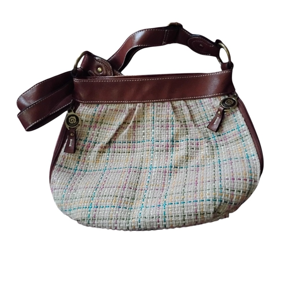 Rosetti Multi Color Woven Tweed Shoulder Bag Brown Faux Leather Trim Hobo